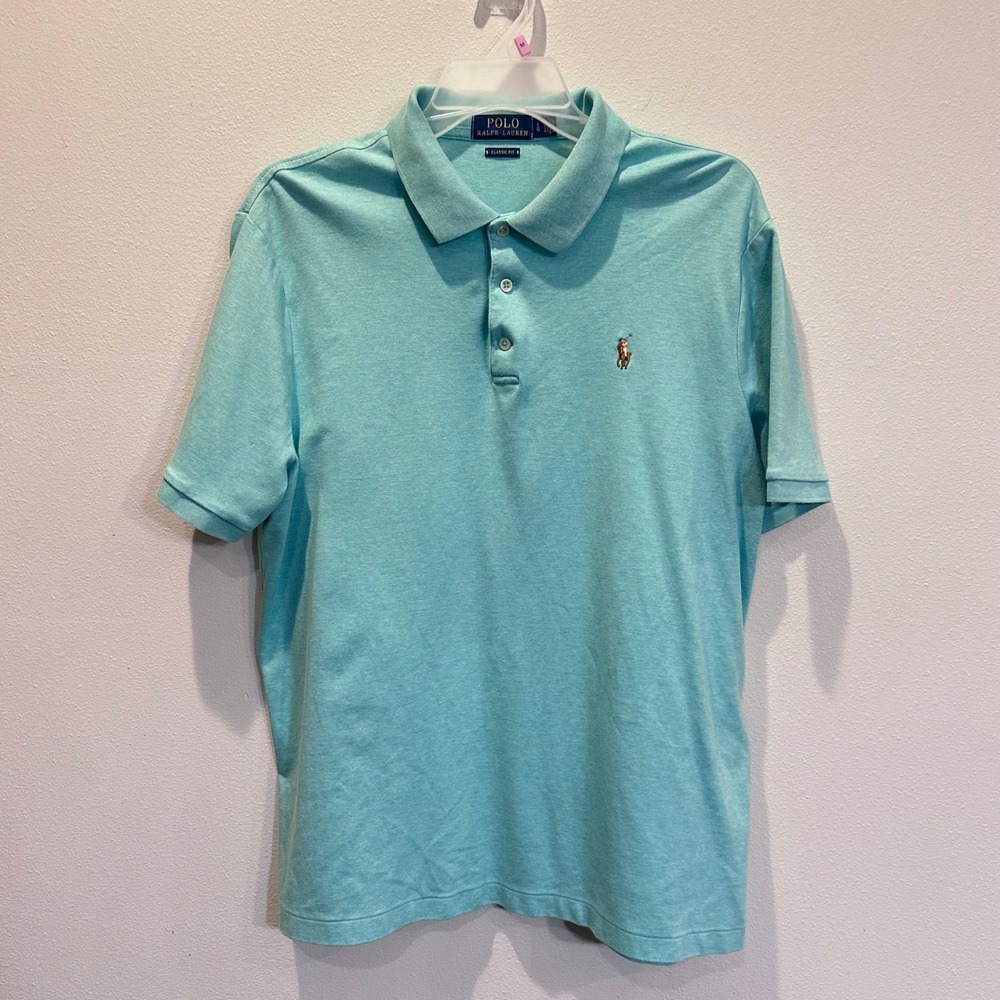 Polo Ralph‎ Lauren Men Classic Fit Aqua Blue Short Sleeve Flesh Pony Polo Sz L
